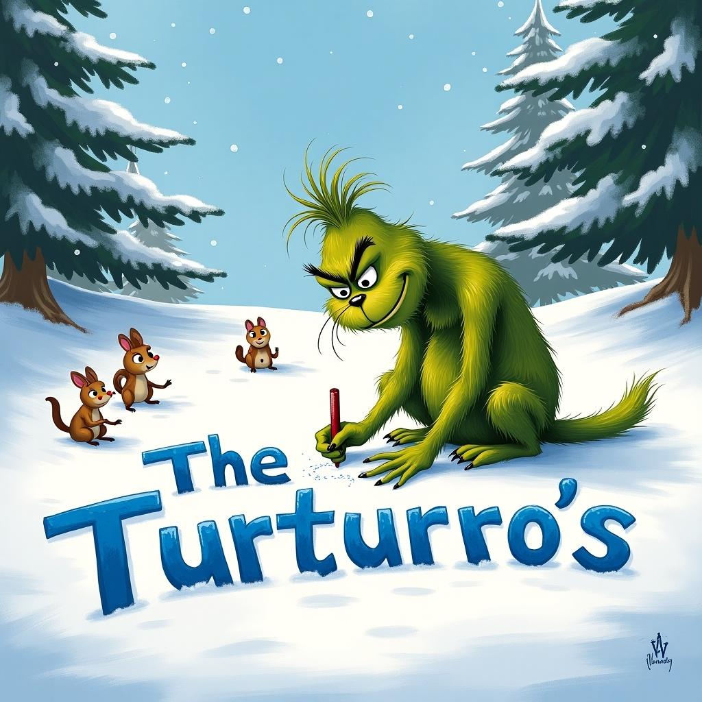 The Grinch character is writing 'The Turturro's' in the snow. Snowy landscape with trees. Cartoon style with friendly appeal.