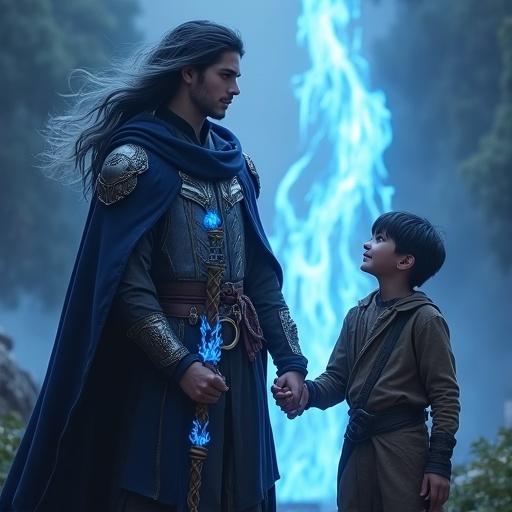A young man with flowing hair standing with determination. He wears light armor called Guardia Blue with azure flame embroidery. A hooded cloak drapes over his shoulders. He holds a staff named Rumble Flare with blue orbs and swirling flames. Beside him stands a young boy in simple clothes, looking up with admiration. The background features a dim forest with blue flames spiraling upwards.