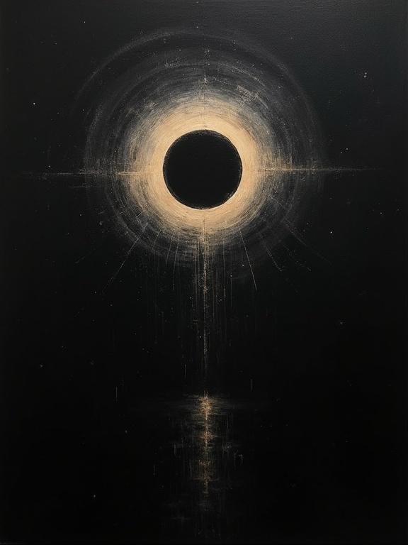 An extremely rough oil painting on a black background. A giant silhouette eye occupies the top half of the page. The cosmic void fills the eye, corrupting the lower half with void-like glitches.