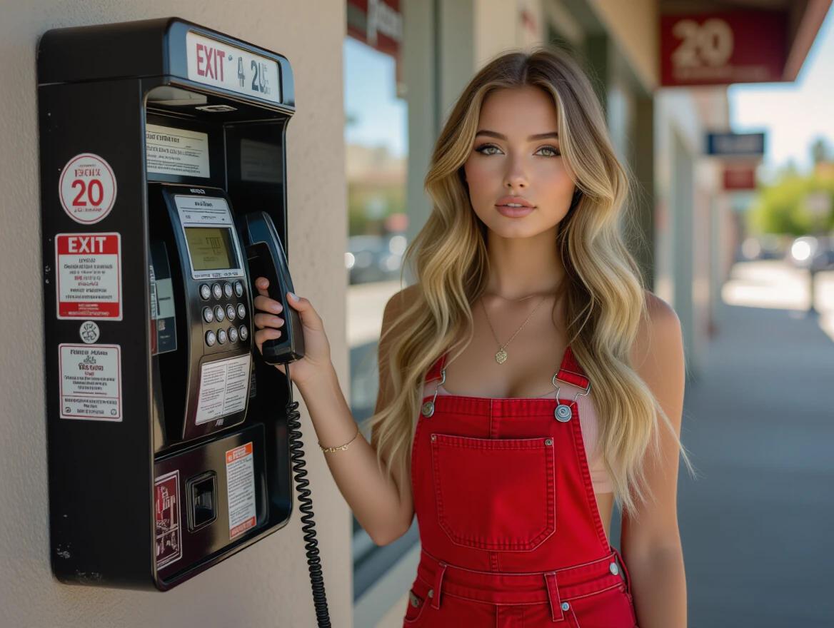 Photograph featuring a young woman in red denim overalls next to a payphone Styled with long wavy blonde hair She holds a black corded phone Payphone has various stickers including an EXIT 20 sticker The brightly lit payphone contrasts with darker elements Woman appears relaxed and casual She is angled towards the payphone with a dark mood