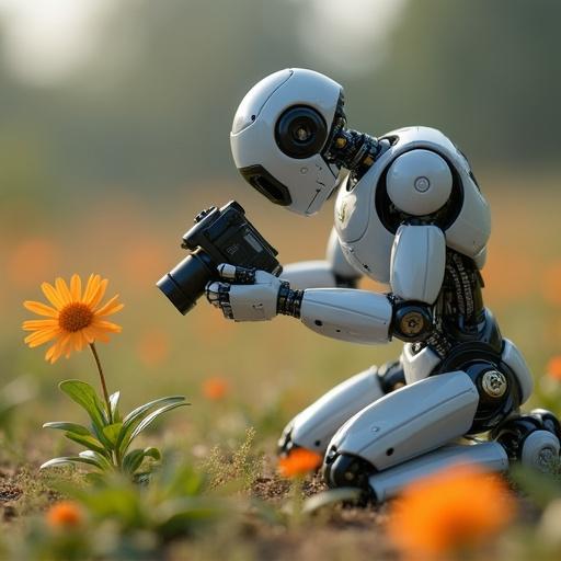 Robot photographer kneeling while taking a picture of a small flower on the ground.