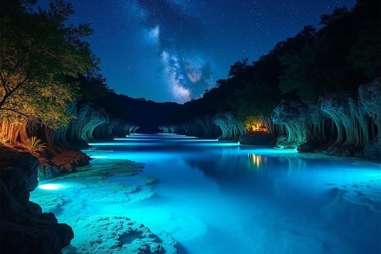Breathtaking cenote glows with vibrant LED lights in blue and turquoise. Surrounding natural rock formations and lush vegetation adorn the area. Crystal clear water reflects soft light. Above, a star-studded night sky and visible Milky Way create a serene atmosphere. Ultra-realistic 4K resolution with high dynamic range emphasizes light contrast.