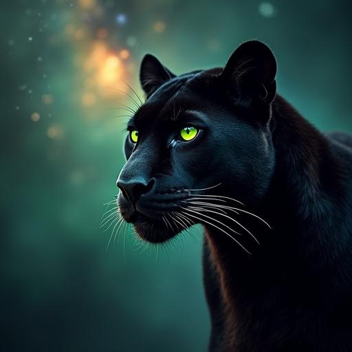 A black panther with dark green eyes showing a confident look against a mystical galaxy background. The image mimics the style of Hubble telescope photographs revealing the beauty of space. The panther's face is prominent with a celestial backdrop in shadow.