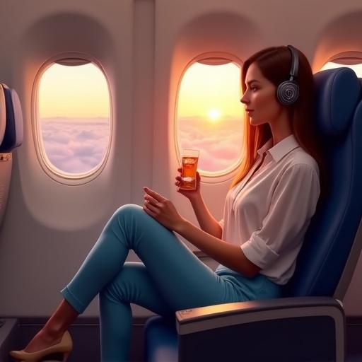 Woman sitting in luxurious airplane seat by window. Light blue pants and white blouse. Holding drink in right hand. Wearing headphones. Legs crossed comfortably with beige heels. Background shows clouds during sunset.