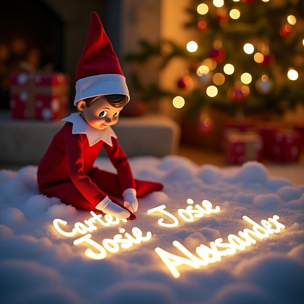 A whimsical Elf on the Shelf writes names in the snow. The names are illuminated with soft, glowing lights. The background features a decorated Christmas tree. The scene captures a warm holiday atmosphere.