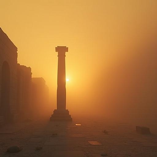 Minimal surreal interpretation of Persepolis ruins at twilight. One tall column in golden fog. Soft shadows and ancient carvings barely visible. Sense of lost grandeur with cinematic lighting.