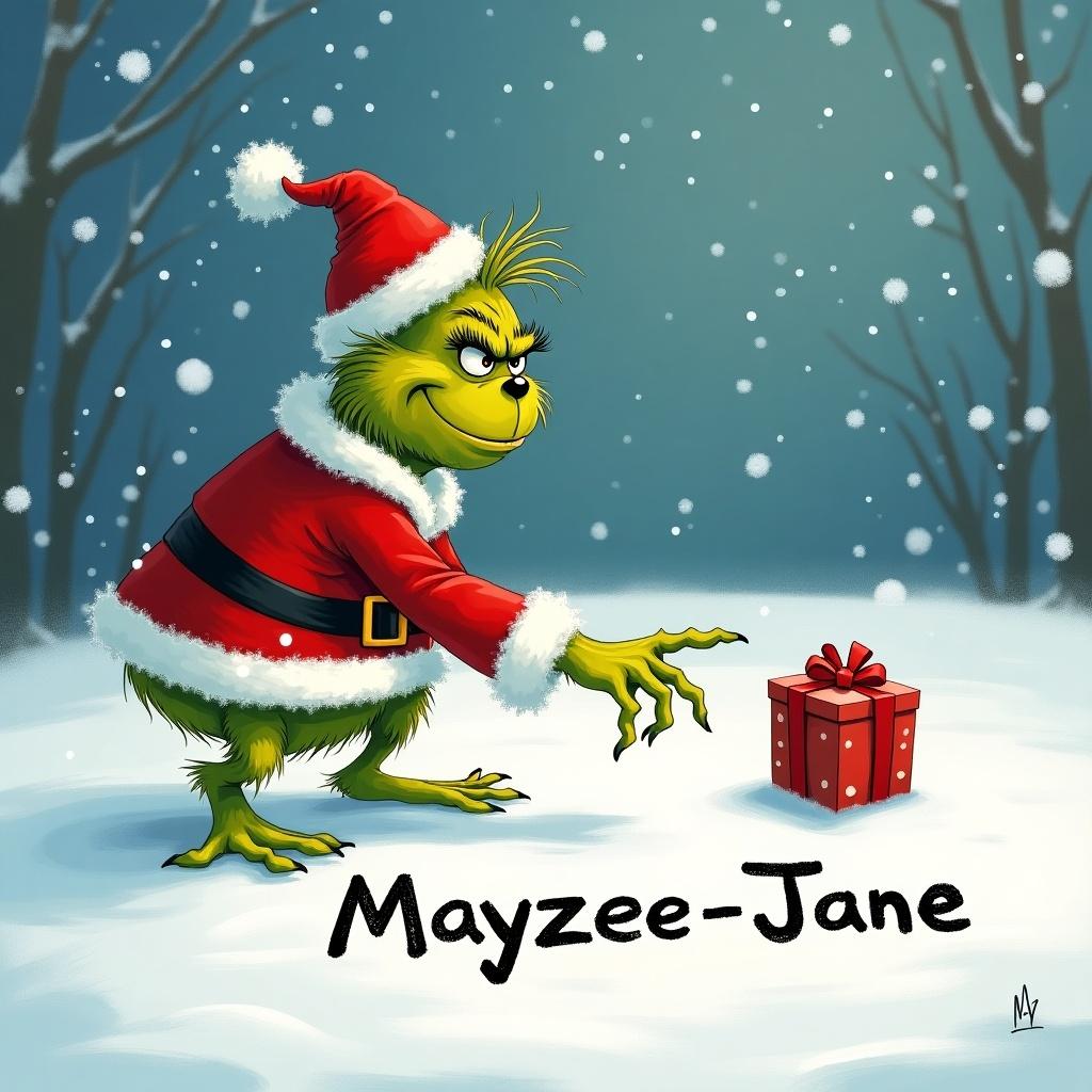 Grinch in Santa suit and hat writing name Mayzee-Jane in snow with finger. Presents falling from a snowy sky.