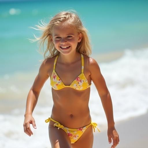 A girl in a yellow bikini is energetically running along a beach. She has blonde hair and a tan. The background features soft waves and turquoise water.