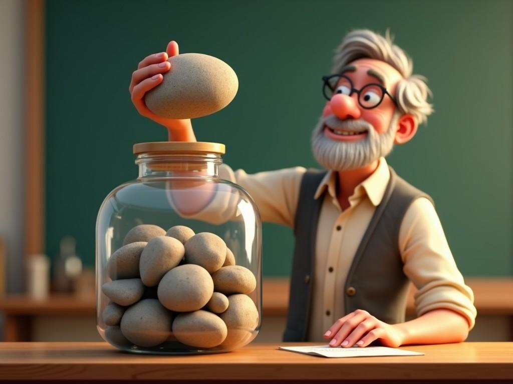 In a typical classroom scene, a cheerful and wise-looking professor is engaging with his students through a hands-on demonstration. He is carefully holding a large pebble above a glass jar that is halfway filled with various big stones. The warm expression on his face shows that he is deep in thought, possibly pondering the lessons to be learned from this exercise. The classroom is designed to draw attention to the jar and the stones, emphasizing the importance of his deliberate action of lowering the pebble. His attire includes a vest and spectacles, complementing his engaging personality. The entire setting exudes a Pixar-style charm, making it visually appealing for both children and adults.