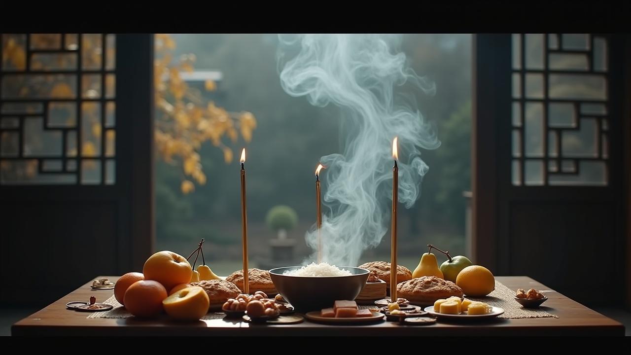 A solemn scene of worshiping ancestors at the beginning of winter is depicted. The image features a table adorned with offerings such as fruits, cakes, incense sticks, and a steaming bowl of rice, symbolizing respect for ancestors. Three burning incense sticks release a soft smoke that rises gracefully, enhancing the spiritual ambiance. In the background, the early winter landscape hints at withered yellow leaves and a pale sky, contributing to the overall solemn mood. The dark tones dominate the scene, creating a rich, detailed atmosphere appropriate for this sacred ritual.