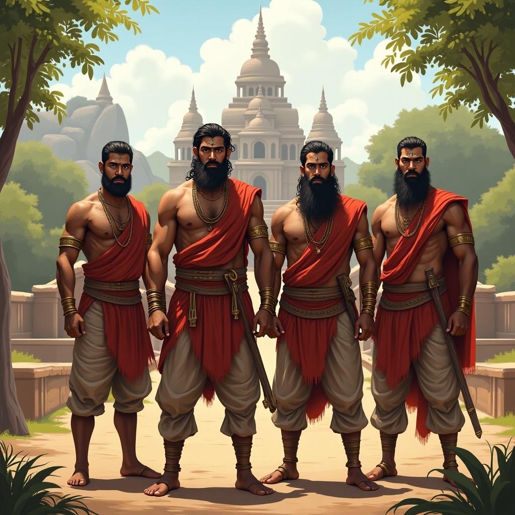 An illustration of four Tamil warriors standing together. They are muscular and dressed in traditional attire. They display strength and camaraderie, set against an ancient temple backdrop.