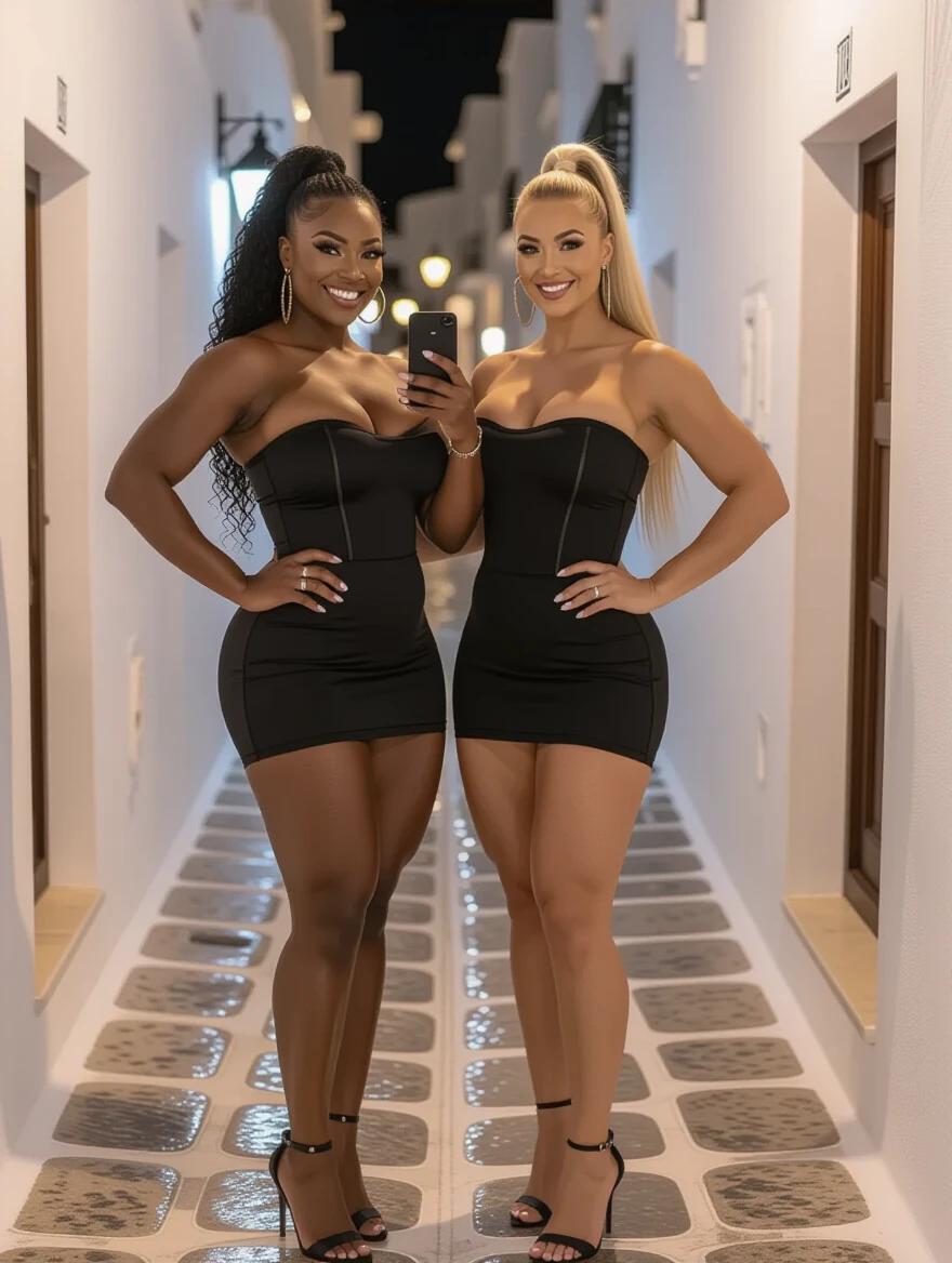 Two muscular women pose together in a narrow alley at night. They wear tight black strapless dresses and high espadrille heels. One has curly black hair; the other has straight blonde hair. They take a selfie with a smartphone.