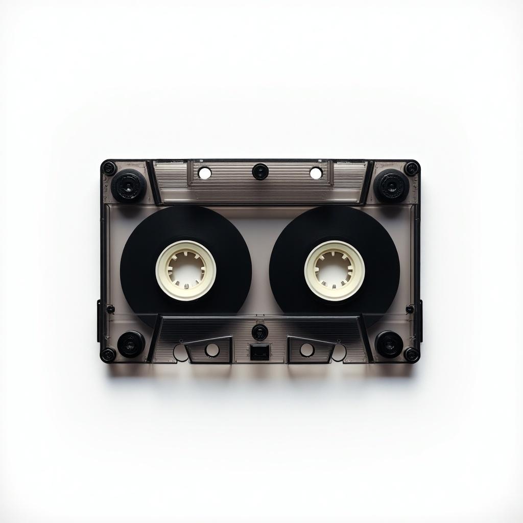 A classic black and transparent cassette tape is placed on a plain white background. The image captures the intricate details of the cassette, especially the reels inside. Its design showcases the nostalgic feel of analog audio technology. The plain background enhances focus on the cassette itself. This image evokes a sense of nostalgia for music lovers and collectors alike.