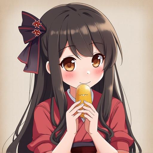 Anime style girl with pink-tipped hair. Silver-haired girl in traditional wear sitting on a bench. In a park with cherry blossoms. Eating skewered dango.