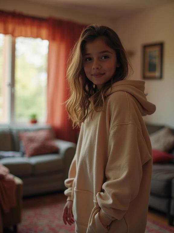 Photo of a teen girl standing in a living room. She wears a long beige hoodie. Background features a cozy living area with soft natural light. The girl displays a flirty and shy demeanor. Image quality is low-resolution with a grand exposure of vibrant colors.