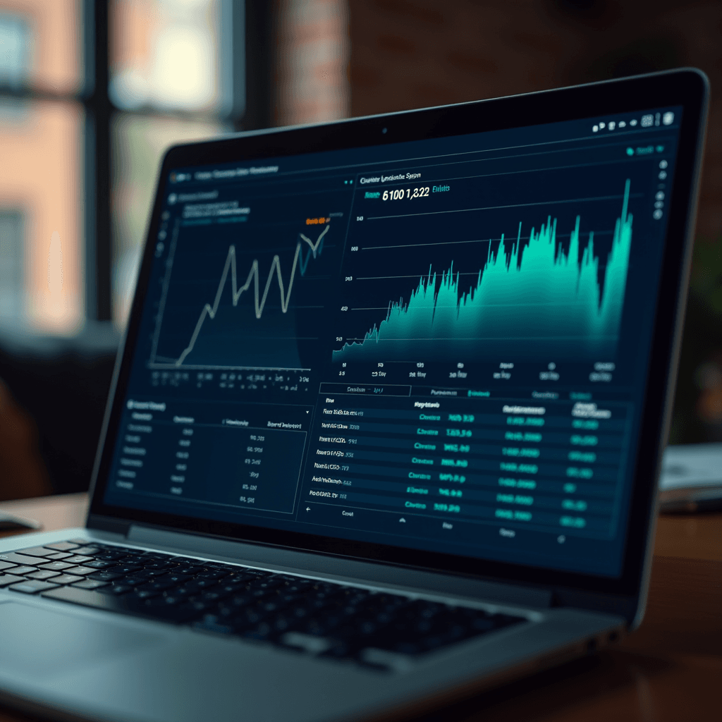 A laptop screen displaying dynamic graphs and tables, highlighting data analytics with vibrant visuals.