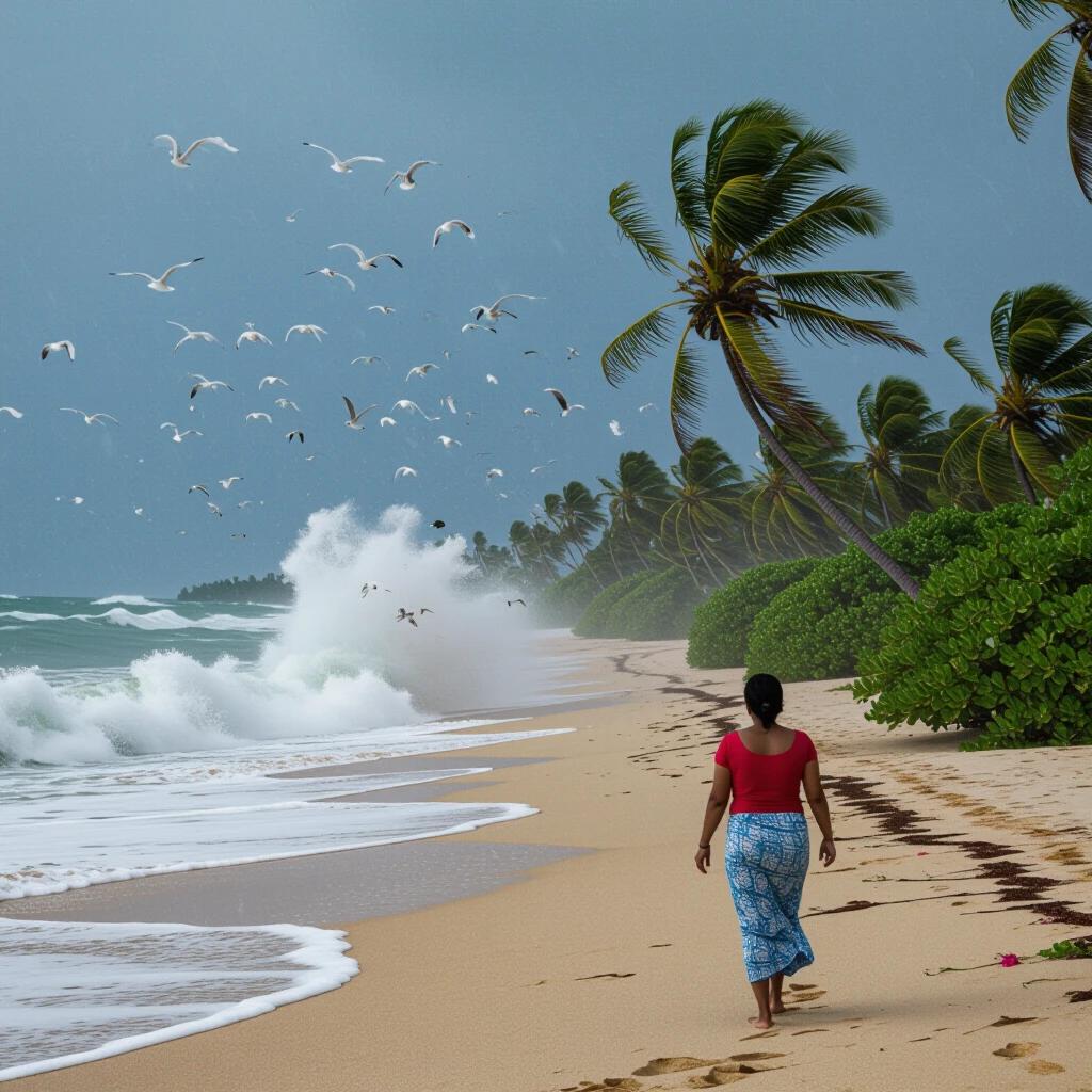 A ferocious seashore thunderstorm with torrential rain. Strong wind slams into the landscape. Coconut trees thrash in the wind. Nearby bushes shake vigorously. Seabirds struggle against the gale. Large waves crash onto the shore. A slightly plump athletic Malay woman wears a traditional baju kurung and tudung. She walks barefoot gracefully along the seashore, with expressive hand gestures while lip-syncing.