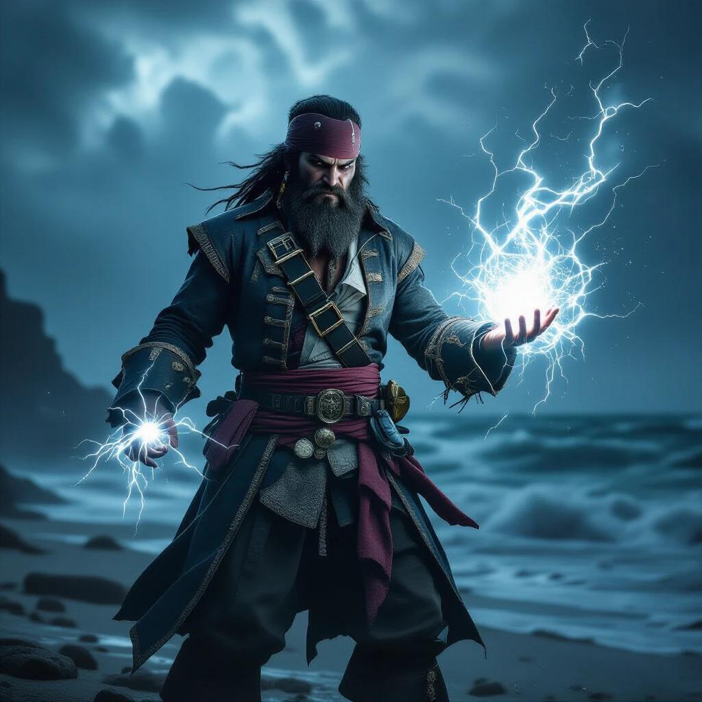 Dark-bearded pirate standing on stormy shore with fierce expression. Left hand glowing white, creating a crackling effect. Right hand surrounded by dark shadow energy. Highly detailed scene with cinematic lighting and dramatic atmosphere.