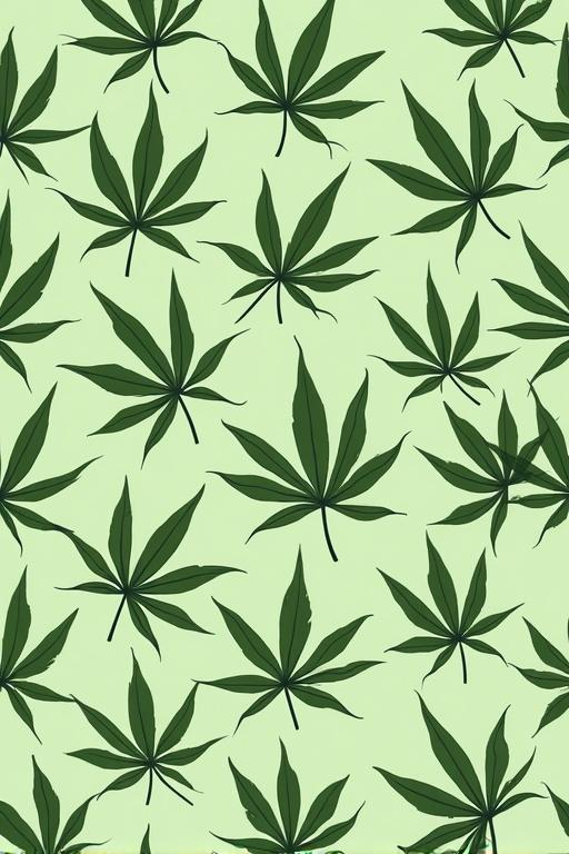 Pattern of cartoon cannabis leaves on a light green background. Leaf shapes vary in size and orientation. Design is repeated throughout the background.