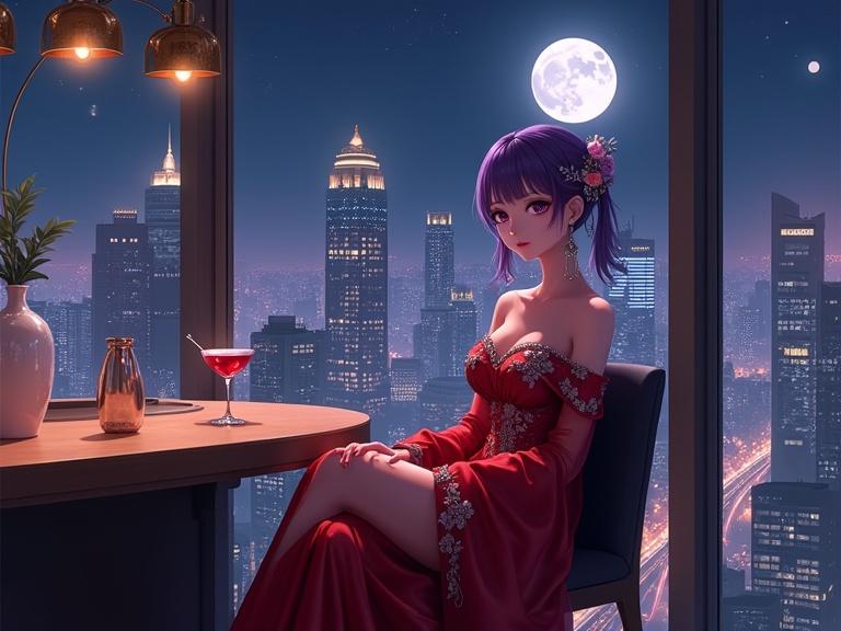 A woman sits gracefully in an upscale lounge. She faces a large floor-to-ceiling window. She has violet eyes and violet hair. She wears a shiny red gown and has silver kanzashi pins in her hair. Long silver earrings dangle from her ears. A red cocktail sits on the bar counter. Outside the window, there is a vibrant city skyline at night. A full moon glows softly in the sky. The atmosphere is elegant and romantic with cinematic lighting.