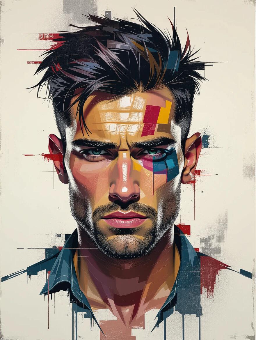 Digital portrait of a male with distorted features and glitch effects. Uses smeared oil paint textures and expressive brushstrokes. Emotional and chaotic representation inspired by contemporary urban themes.