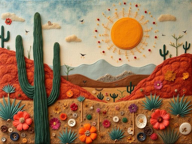 Mixed media artwork of a desert landscape. Features a quilt with cacti, dried flowers, buttons, shells, and vibrant threads. Style includes fauvist expressionism with earthy oil tones.