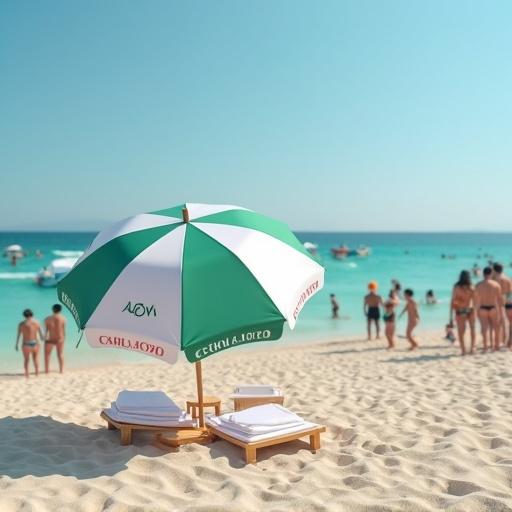 A beach scene with many people enjoying the sun. A green and white umbrella marked with 'ACV' stands on the sandy shore.