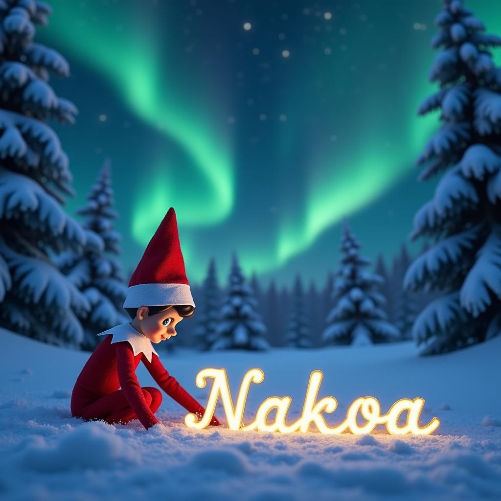 An animated elf sitting in the snow. The elf wears a red outfit. The elf is writing 'Nakoa' in snow. The name is in cursive and illuminated. The backdrop features a night sky with northern lights. Snow-covered pine trees frame the scene.