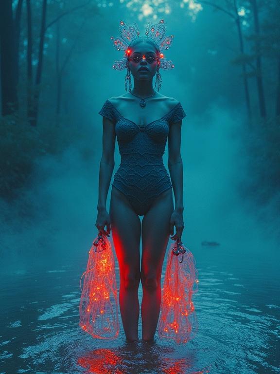 Portrait of a lifeguard with an avant-garde style. The model wears a patterned swimsuit and holds glowing accessories. Surrounded by a misty environment. Vintage photography aesthetics combined with modern artistic elements.