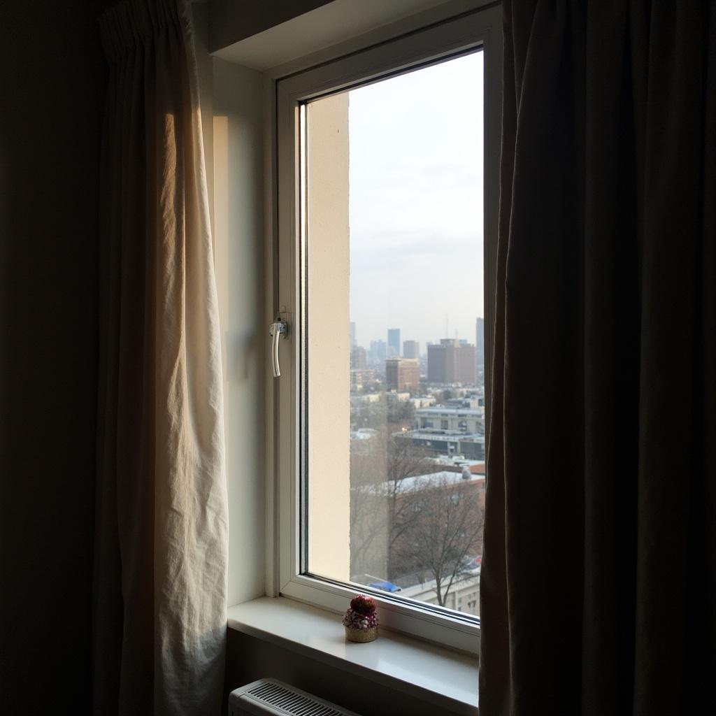 A cityscape view from an interior window, featuring partially drawn curtains and a small decorative item on the window sill.