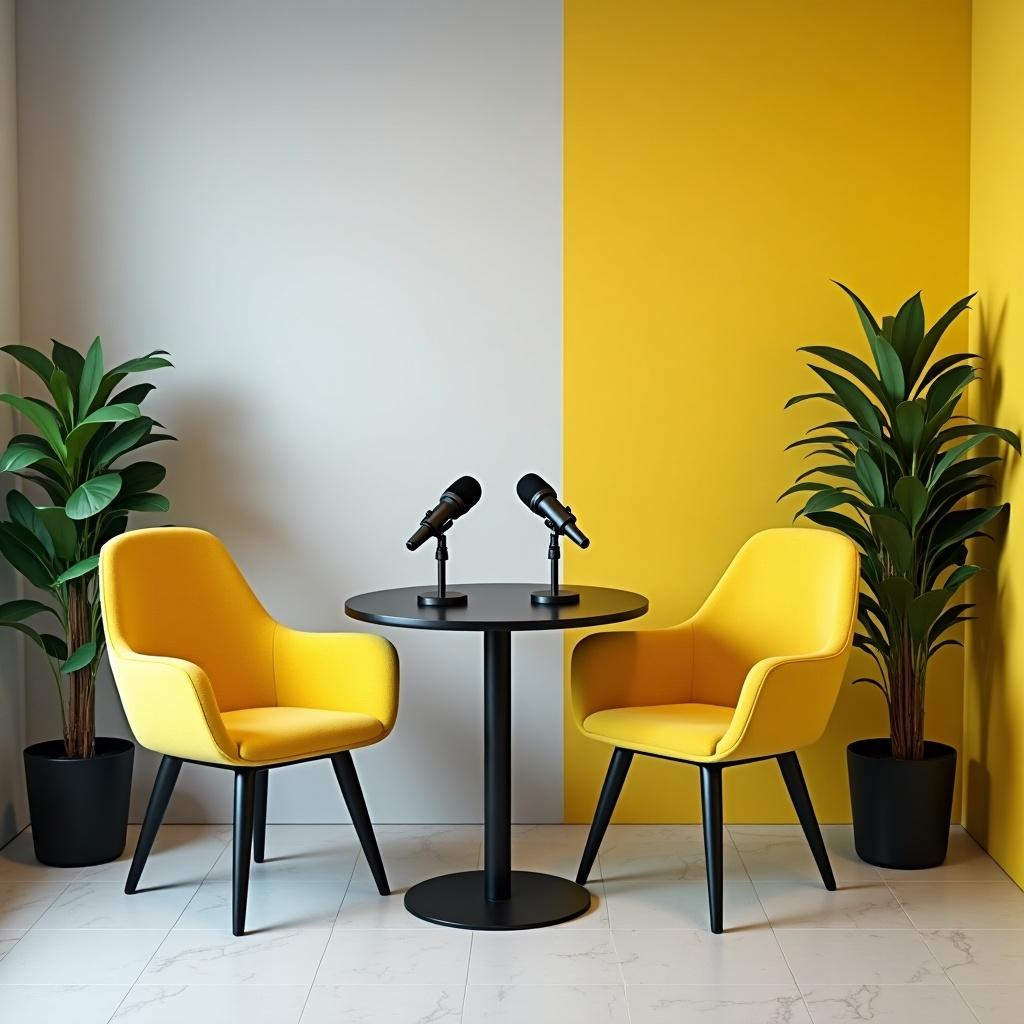 Modern podcast set designed with white, grey, green, and black colors. Features bright yellow chairs around a circular table. Table has two professional microphones ready for recording. Walls with soft grey and vibrant yellow panels. Potted plants enhance aesthetic. Inviting stylish environment for podcast recording.