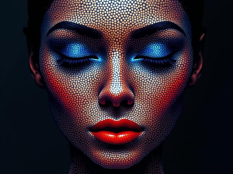 Abstract portrait of a face made with colorful dots. Features closed eyes shaded blue, prominent nose, and red lips. Background is dark gradient. Dot density and colors create luminous effect.