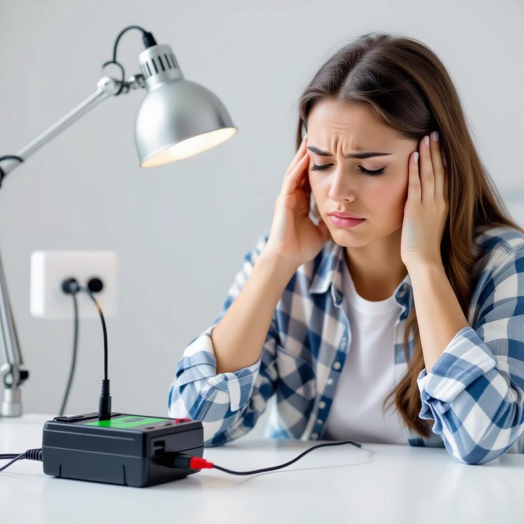 A tired person sitting at a desk with their hands on their head. A charging device is connected to the wall. Soft lighting illuminates the scene. The person appears to be overwhelmed and in need of mental support.