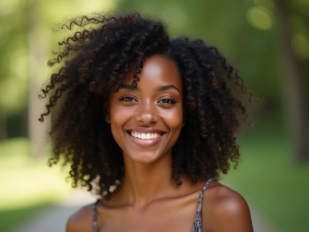 The image features a young woman of African descent with dark curly hair and a warm brown skin tone. She is smiling softly, exuding warmth and confidence. The composition is centered, with the woman positioned slightly off-center against a blurred, natural background, suggesting a park setting with soft green foliage. The lighting is soft and diffused, likely from a late afternoon sun, which gives her skin a radiant glow. Notable details include her bright, expressive eyes and subtle makeup that enhances her natural beauty.