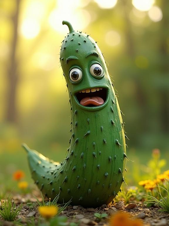 A highly detailed CGI rendering of a cucumber with a humorous expression. Cucumber has a mouth and eyes. Background features nature with flowers under bright sunlight. The scene conveys a playful ambiance.