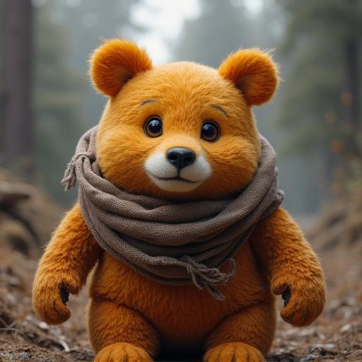 A cute bear character with bright orange fur and a scarf sits in a forest path. The bear looks friendly and approachable. The background has tall trees and a misty atmosphere.
