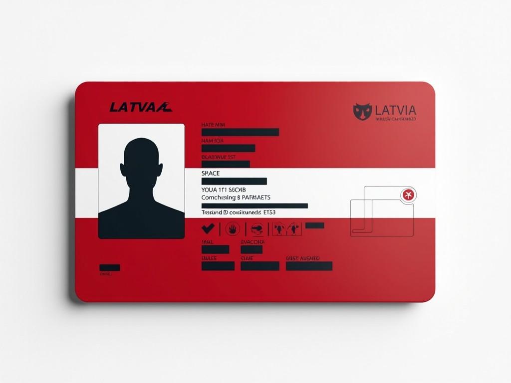 This image presents a realistic representation of a Latvian ID card. The dominant colors of the card are red and white, in line with the Latvian flag. It features various fields for personal information, including a space designated for a photo and a unique identification number. The card's sleek, modern layout emphasizes clarity and functionality. Designed to mimic official ID cards used in Latvia, it serves as an effective illustration for discussions on identity verification or governmental materials.