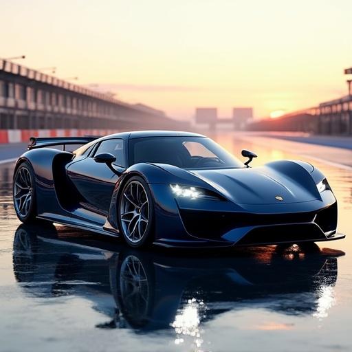 A sports car design combining elements of Porsche Vision Gran Turismo and Lotus Exige. The car is dark blue with glossy finishes and bright silver alloys. Features include carbon fiber side view mirrors and a GT style rear wing. The setting is a wet pavement race track during dawn.
