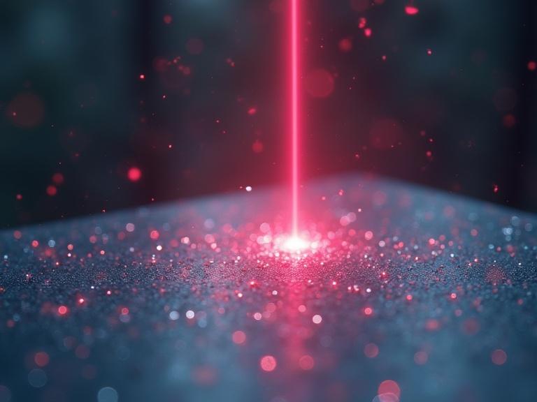 Laser irradiating a surface with bright red light and sparkles in a dark background