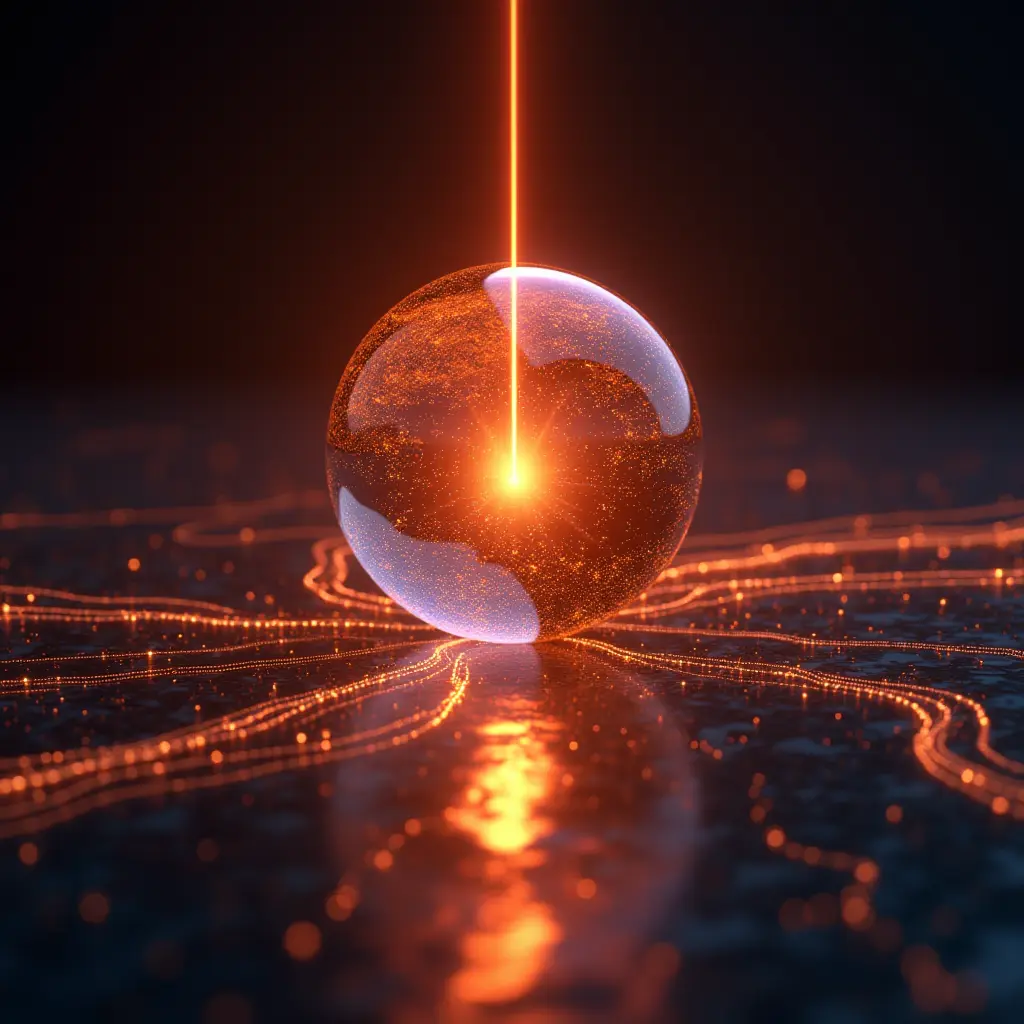 A glowing orange orb with intricate patterns, illuminated by a vertical beam of light.