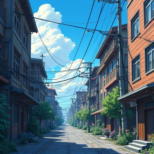 Street scene in anime style with buildings and power lines. Bright blue sky with clouds. Low quality and oversaturated colors. Contained unrealistic elements.