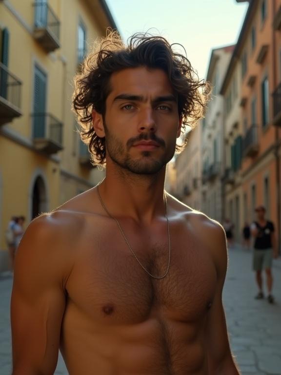 Portrait of a muscular Italian man in an old town square. He has curly brown hair, a light moustache, and a goatee. He looks brooding at the camera. Warm afternoon light illuminates him while cool shadows create contrast. His muscular body shows chest hair. He has blue eyes and distinct Italian features. The photo resembles 90s analog film style with grainy texture.