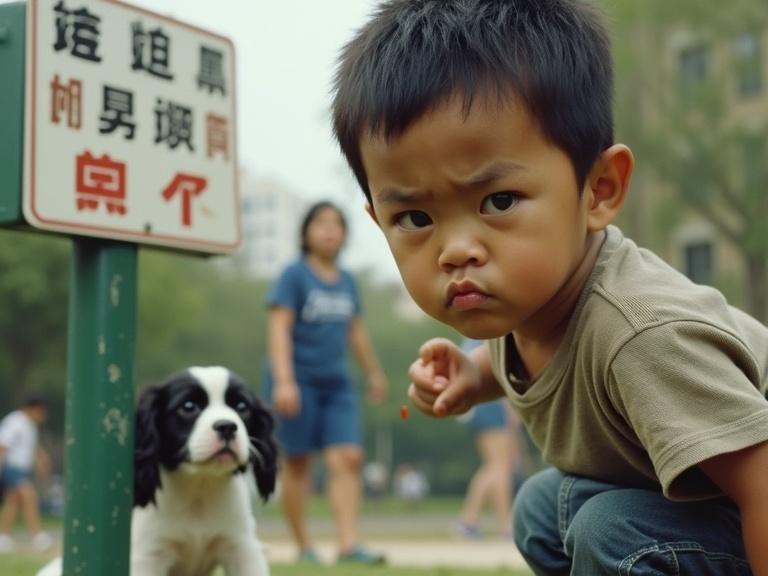 Close-up photograph featuring a young boy with a furrowed brow and downturned lips pointing at a small black and white dog. The dog sits near a green pole sign with Chinese characters. Background has park-goers and apartment buildings. Foreground shows textured skin and dog fur. Composition balances boy's expression with dog and sign. Natural lighting enhances colors.