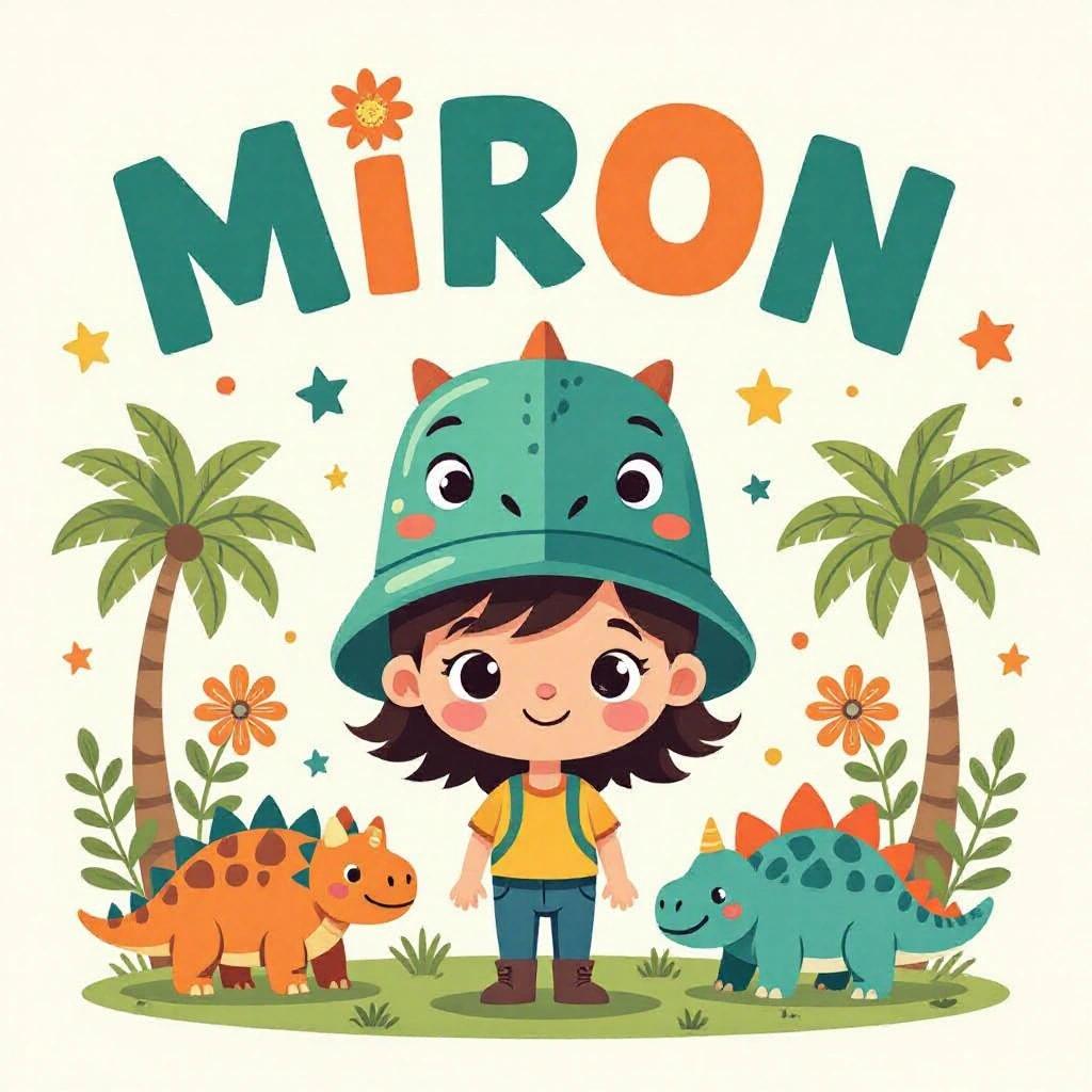 A children's cap with a dinosaur print and the name 'MIRON'. Stone-like font style. Surrounded by grass, dinosaurs such as T-Rex and triceratops, and palm trees. Colors include green, brown, beige. Illustration style, cartoonish with texture.