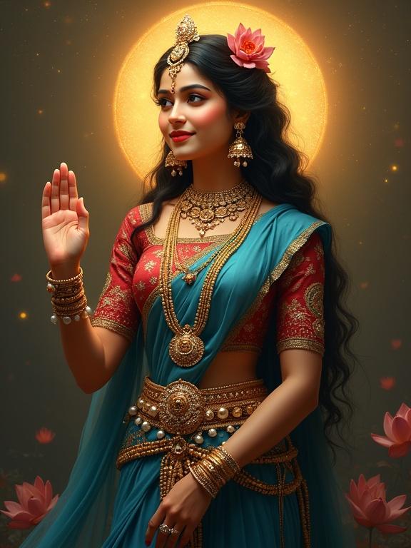 Exquisitely detailed portrait of Shri Radha Rani, divine consort of Lord Krishna, with molten gold complexion and shimmering aura. Serene expression, large lotus eyes, luxurious waist-length hair adorned with flowers. Wearing a radiant sapphire-blue sari and jeweled accessories, depicting grace and devotion. Set against a twilight forest background with warm divine lighting.