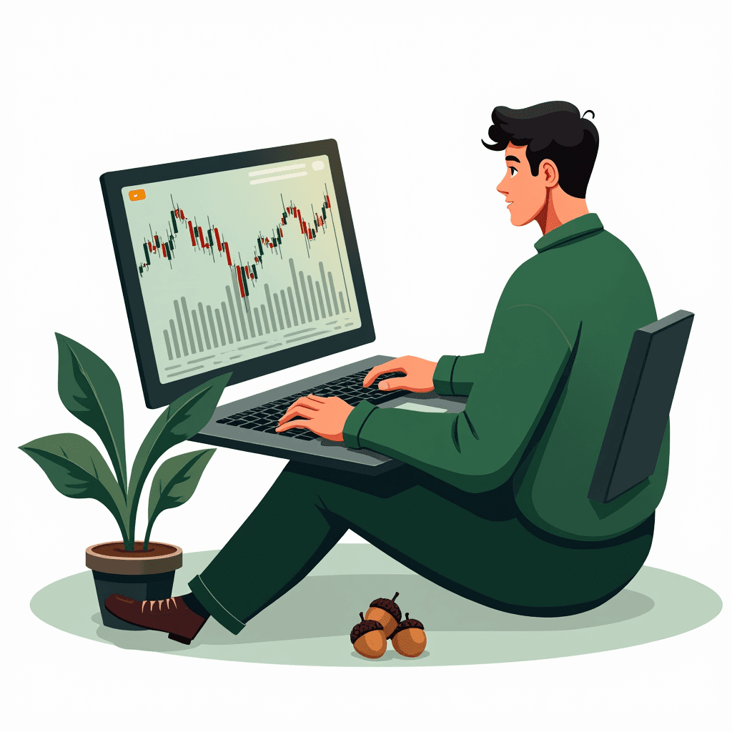 A person sits on the floor with a laptop displaying stock market charts, next to a small plant and scattered acorns.