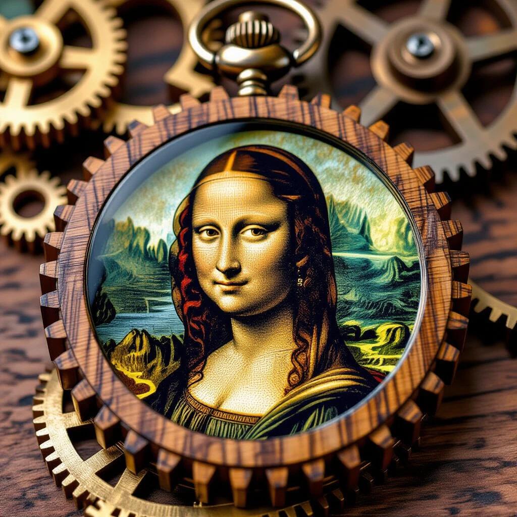 Pocket watch made of aged wood with gears and cogs. Featuring Gioconda themed artwork inside. High-resolution art representation.