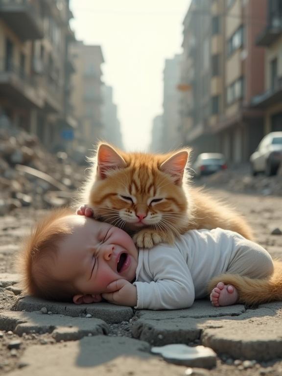 Fluffy kitten lies protectively on top of a crying baby in devastated city street. Ground is cracked and buildings are destroyed. Baby is in a white onesie and sobs helplessly. Kitten wraps around child in protective posture. Scene radiates vulnerability and emotional warmth amid destruction.