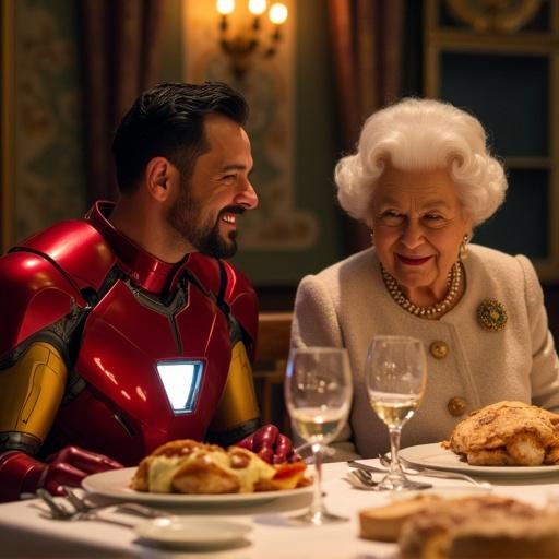 Characters at a dinner table. One wears an Iron Man suit. Another resembles an elderly woman with royal traits. The setting has an elegant atmosphere with food on the table.
