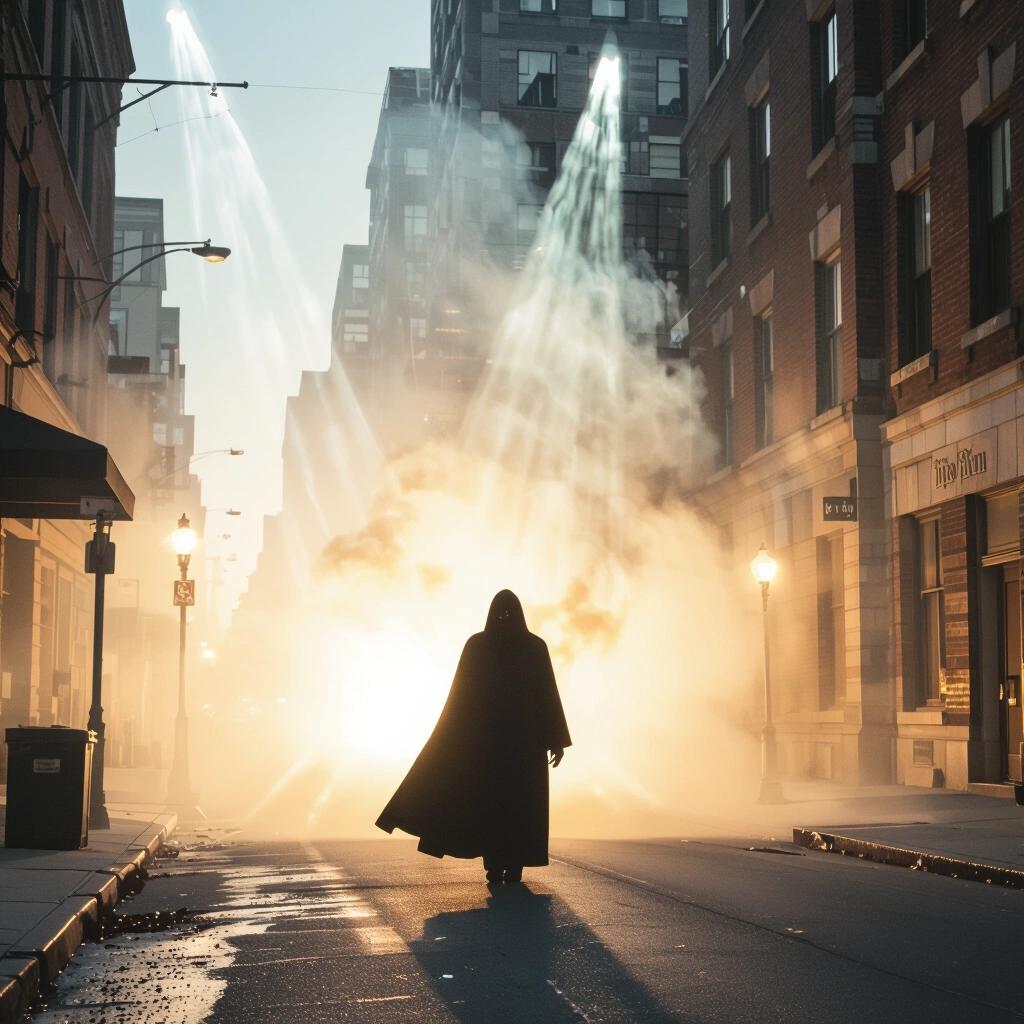 Rock album cover depicting an evil mysterious figure in a black robe. Epic dark scene in a deserted alley. Intense lighting and atmosphere.
